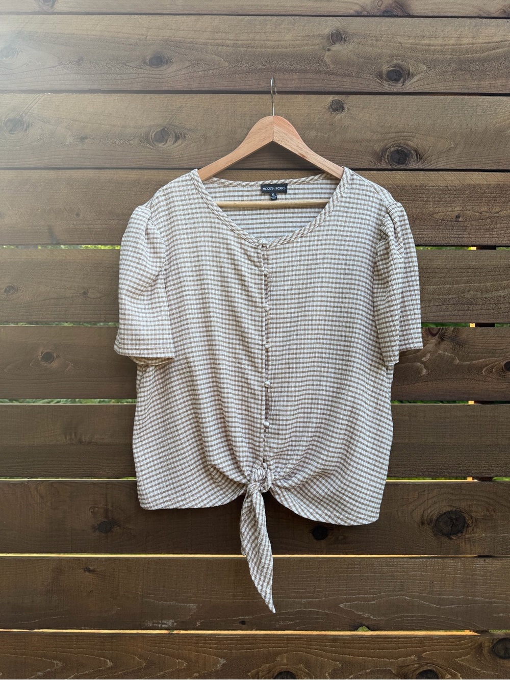 Modern Works Tie-Front Gingham Button Blouse in Beige